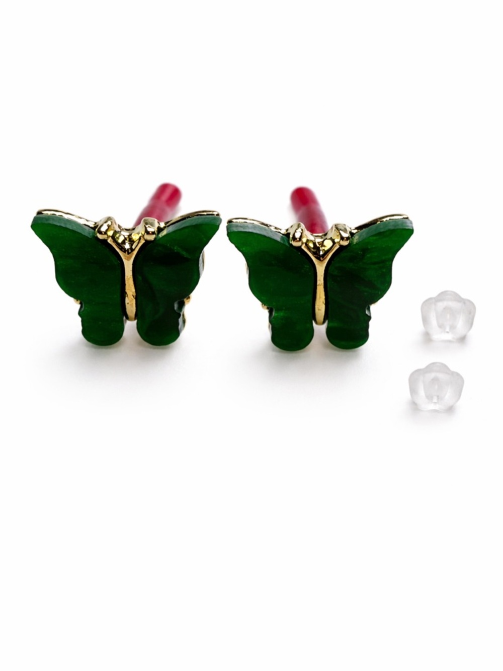 Green Butterfly Stud Earrings - Gold Trim